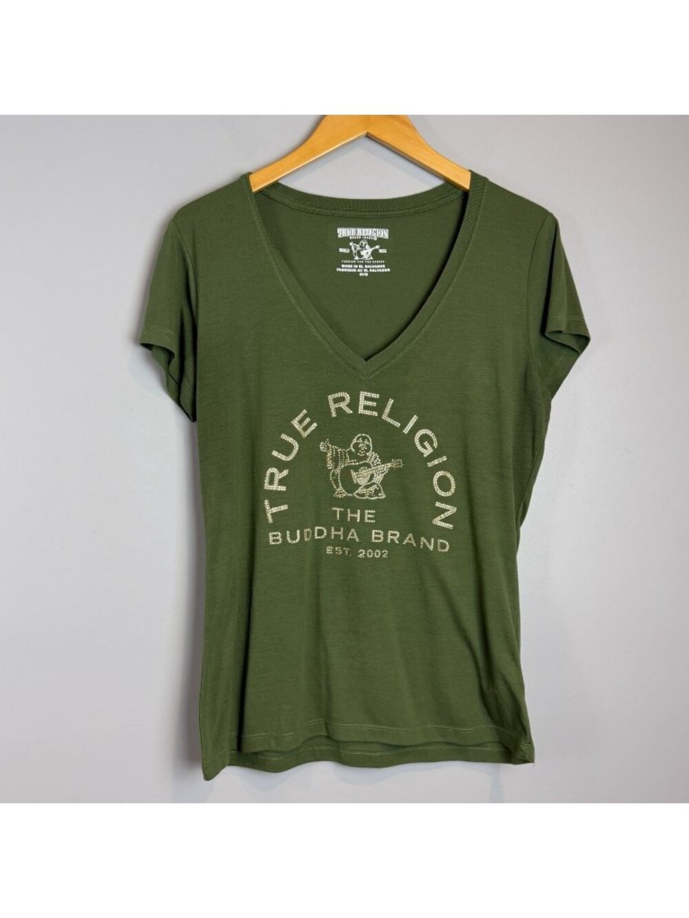 True Religion Womens‎ V Neck T shirt Green Size Medium The Buddha Brand Logo